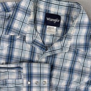 Wrangler Mens Plaid Pearl Snap Button Western Shirt L/S XLT Tall‎ Blue White